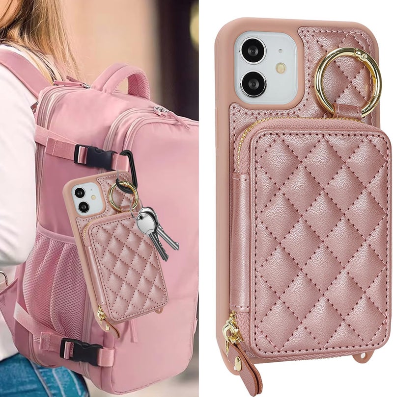 Hamany Crossbody Wallet Case for iPhone 12, PU Leather Zipper Handbag Purse Flip Cover, Kickstand Folio Case with Card Slots Holder Wrist Strap Lanyard 5G 6.1 Inch-Rose Gold - Image 3